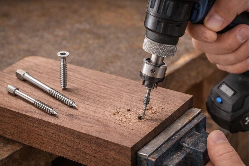 hands drilling pilot and countersink on walnut with bits and stainless screw nearby for clean seating and reduced splitting