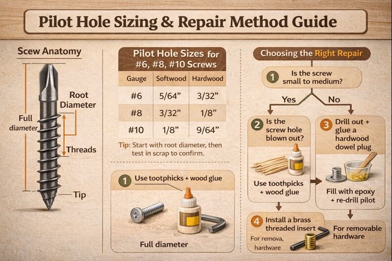 pilot hole size guide and repair method flowchart
