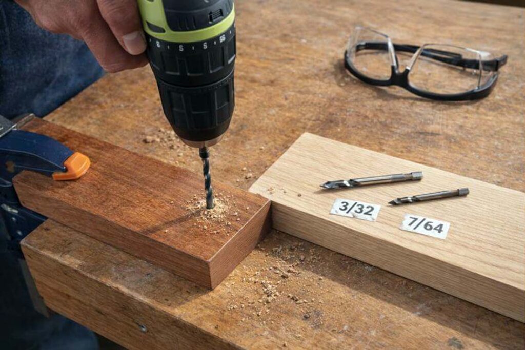 drilling pilot hole for hardwood and softwood boards