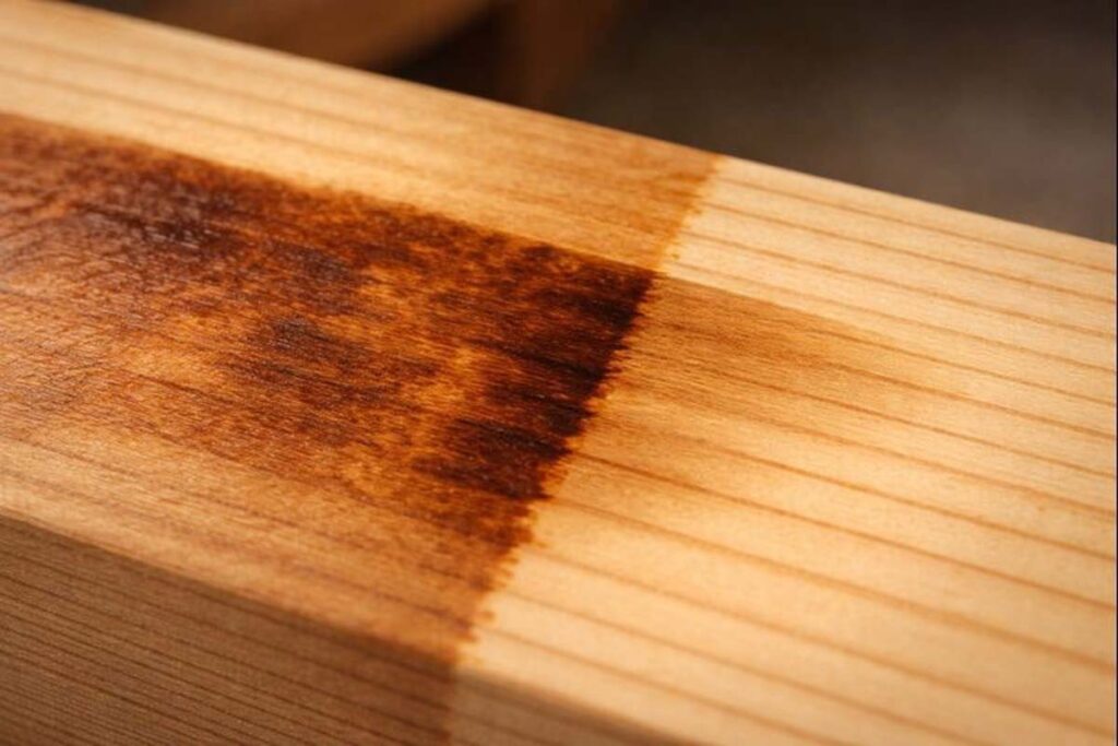 close up of pine grain showing uneven stain