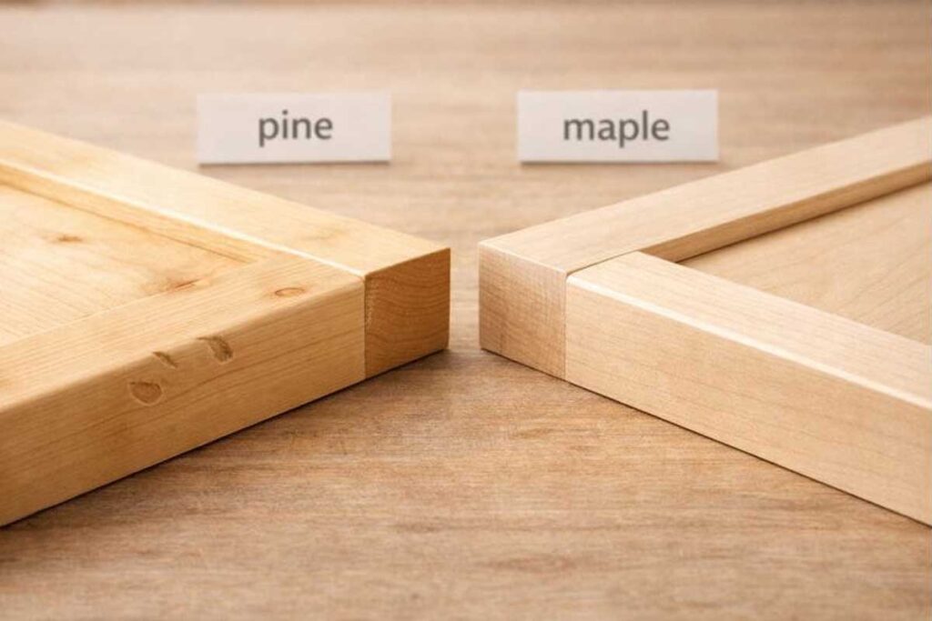cabinet door corner dents on pine compared to maple