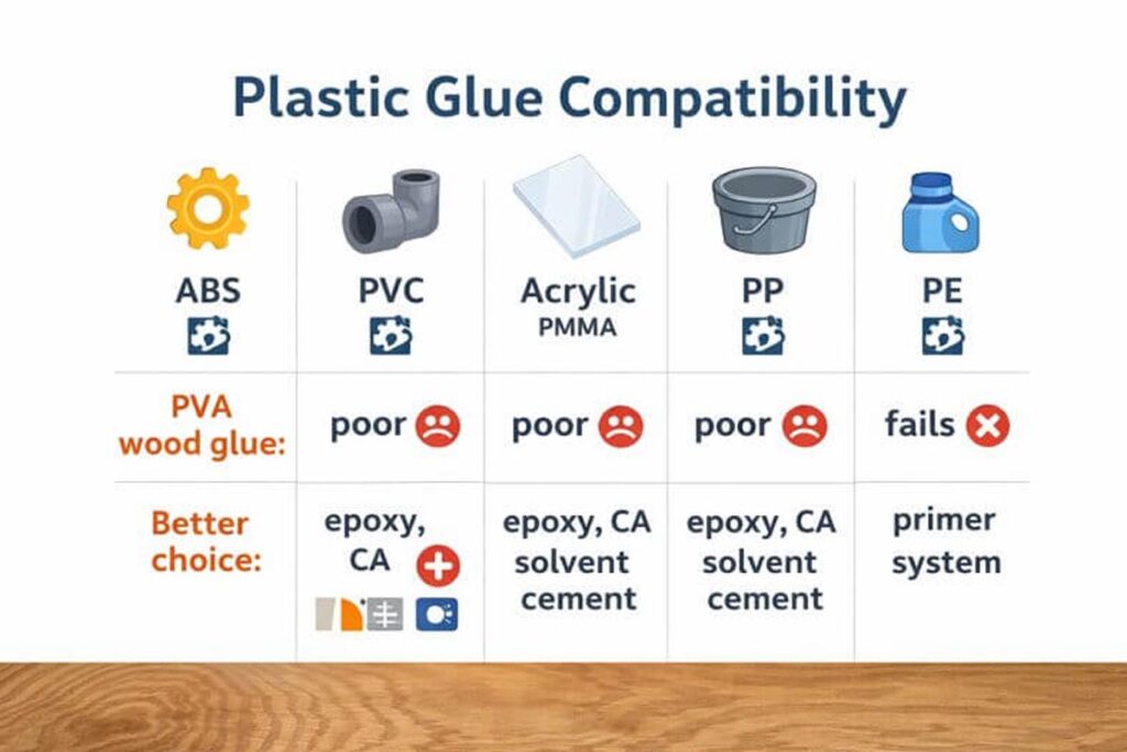 chart showing which plastics bond poorly or well with common glues