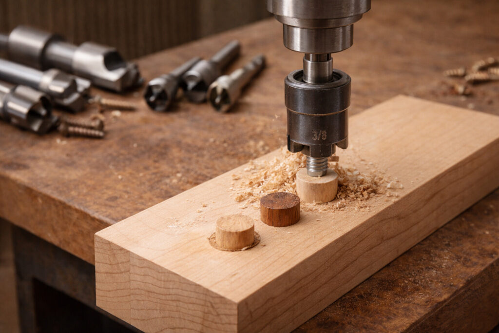 Drill press cutting maple plugs with a plug cutter, chips flying, stop collar set, and Forstner bits staged on the bench.
