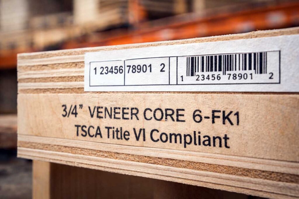 plywood bundle stamp showing thickness and TSCA Title VI marking