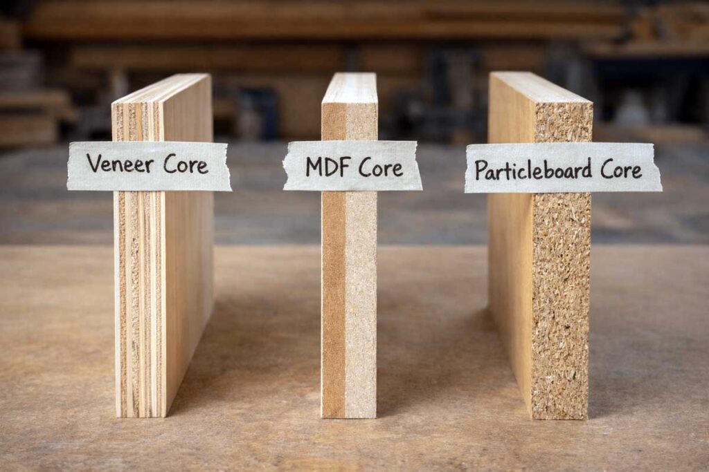 cut edge samples showing veneer core mdf core and particleboard core