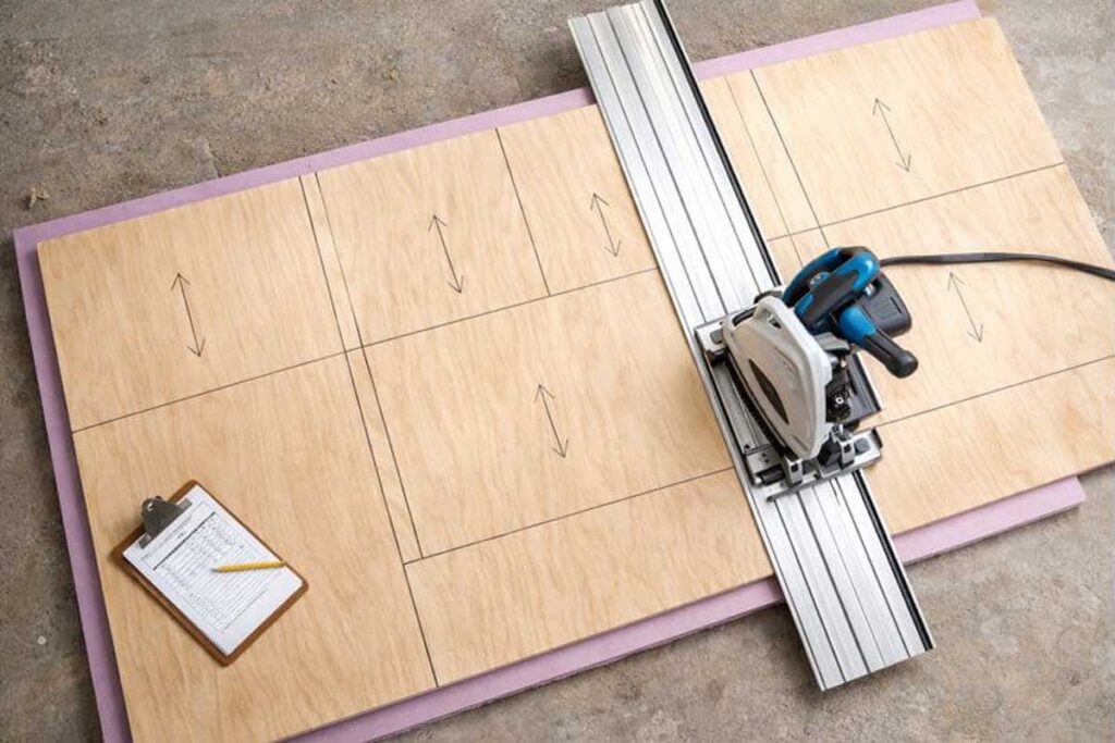 overhead cut plan on a 4x8 plywood sheet with track saw