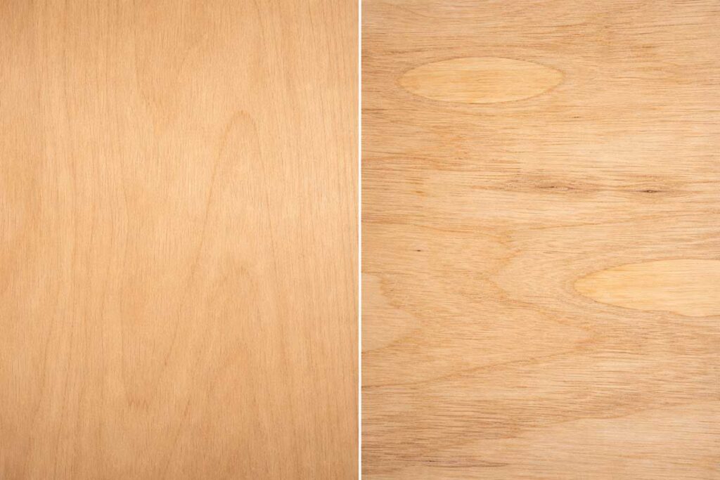 close up of smooth veneer versus patched veneer plywood