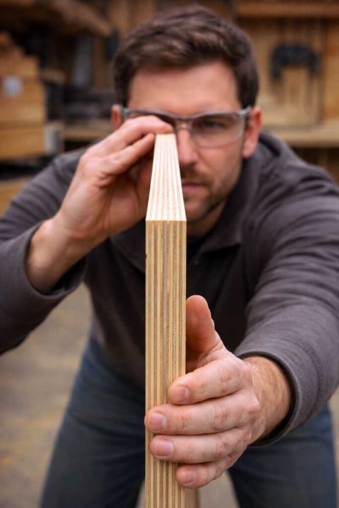 woodworker sighting down plywood edge to check bow and twist