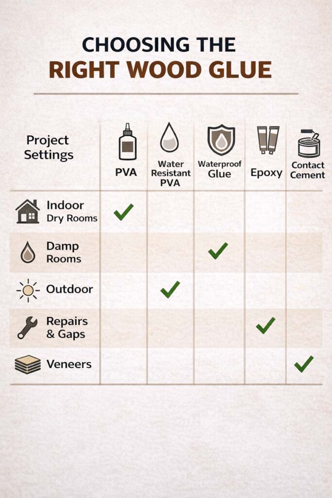 chart showing glue type matched to plywood project conditions