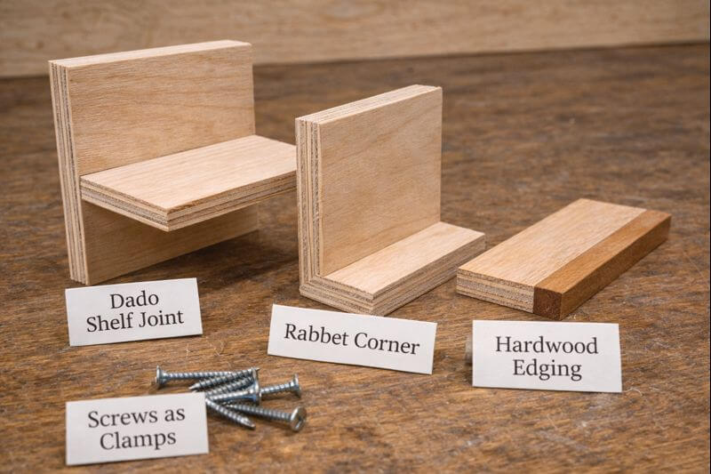 plywood shelf joint with dado and screws as clamps