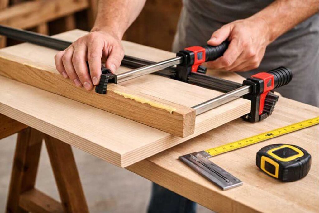 clamping a solid wood stiffener to a plywood shelf edge