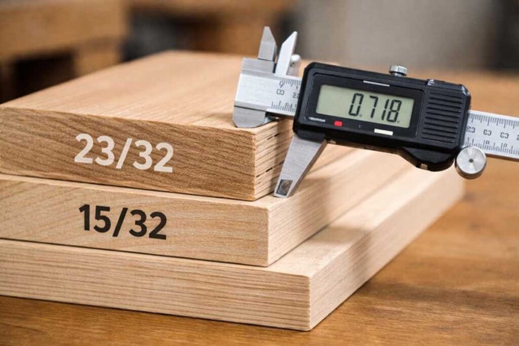 caliper measuring cabinet plywood thickness with grade stamps