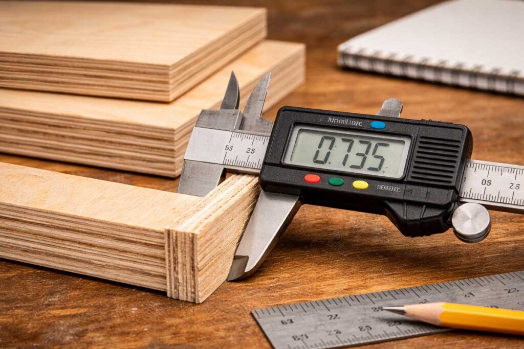 digital calipers measuring plywood edge thickness