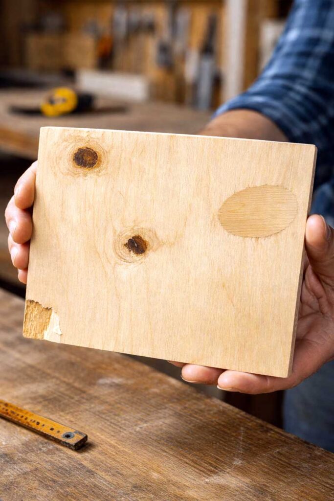 close view of patched plywood face