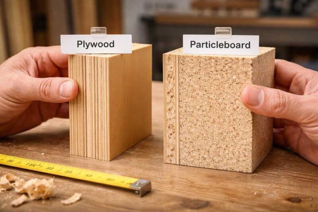 cabinet material cutaway comparison on bench