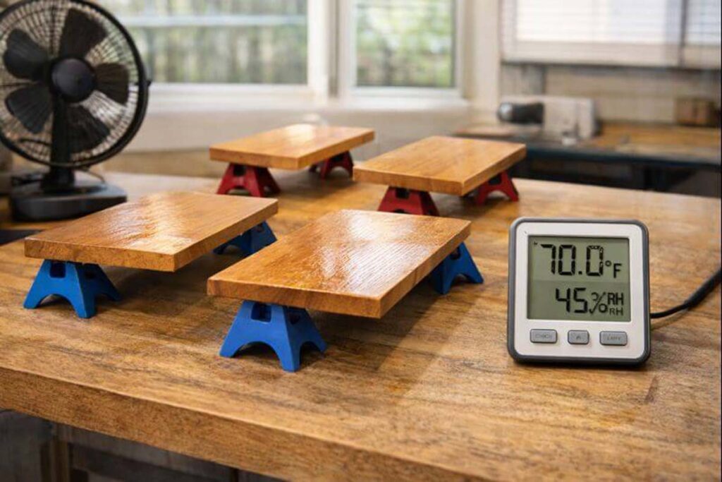 tray parts curing on painter pyramids with airflow and stable temperature