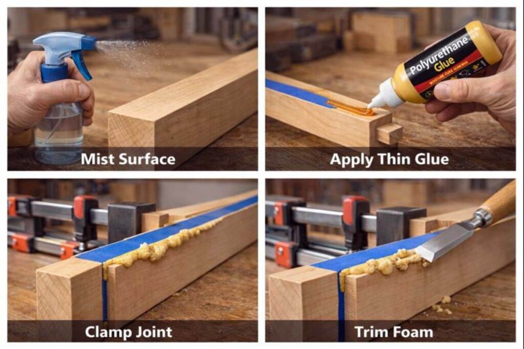 four step glue application from misting to trimming