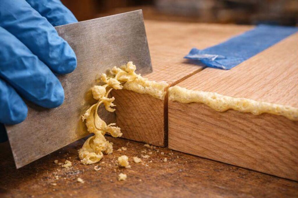 card scraper removing cured foam squeeze out from seam