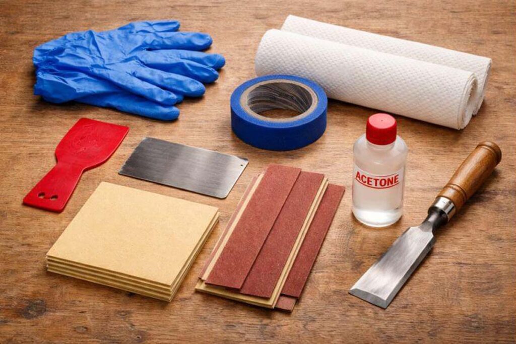 glue cleanup kit with scraper chisel tape and acetone