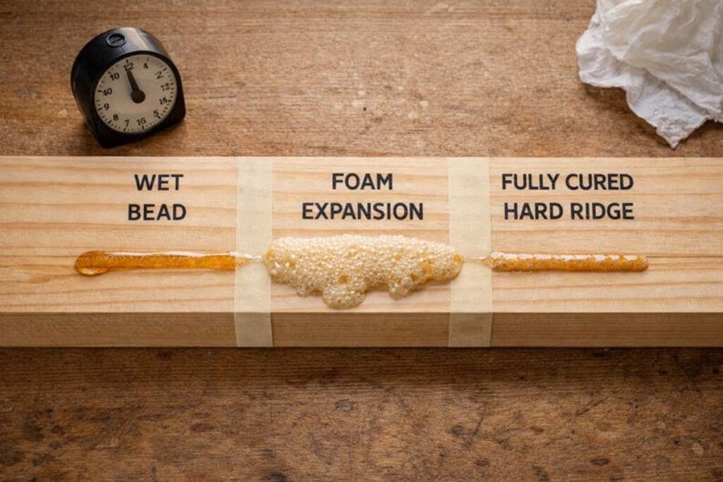 wet foamy and cured glue stages on scrap wood