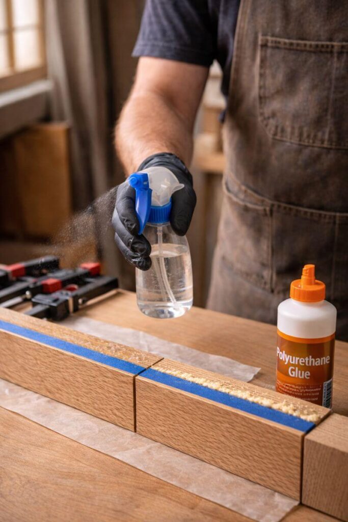 woodworker misting board edge before glue up