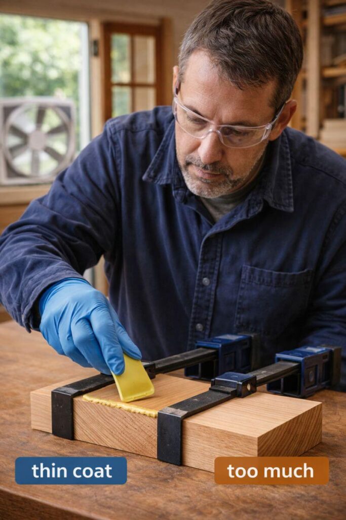 woodworker using gloves and ventilation during glue up