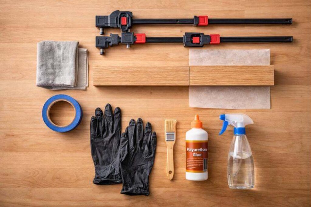 glue kit with clamps tape and gloves on bench