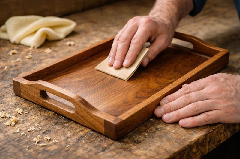 sanding a wooden serving tray on workbench