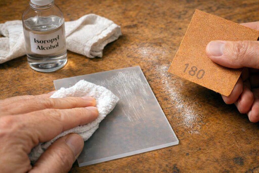 hands cleaning and scuff sanding plastic before gluing