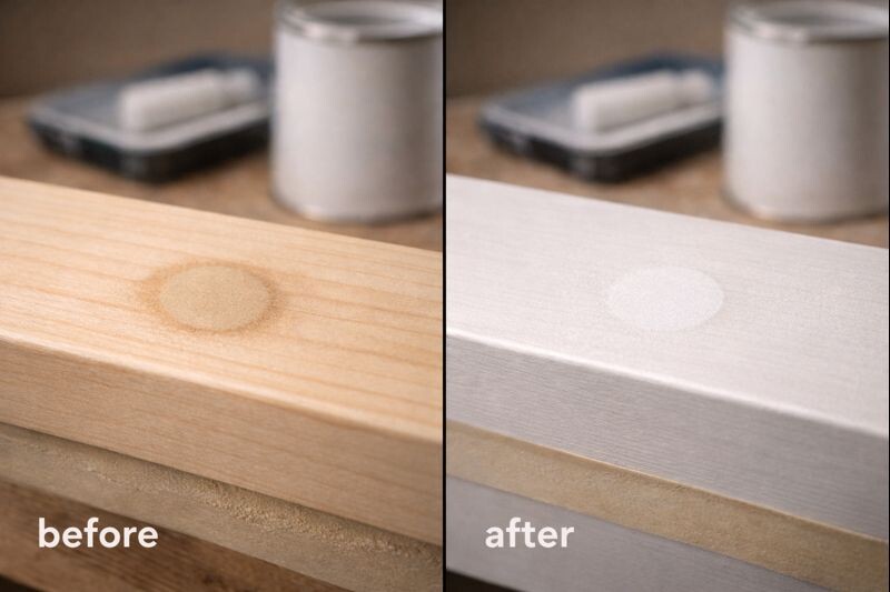 Before-and-after of a filler spot on pine, unprimed halo on left and uniform primer coverage on right under same light.