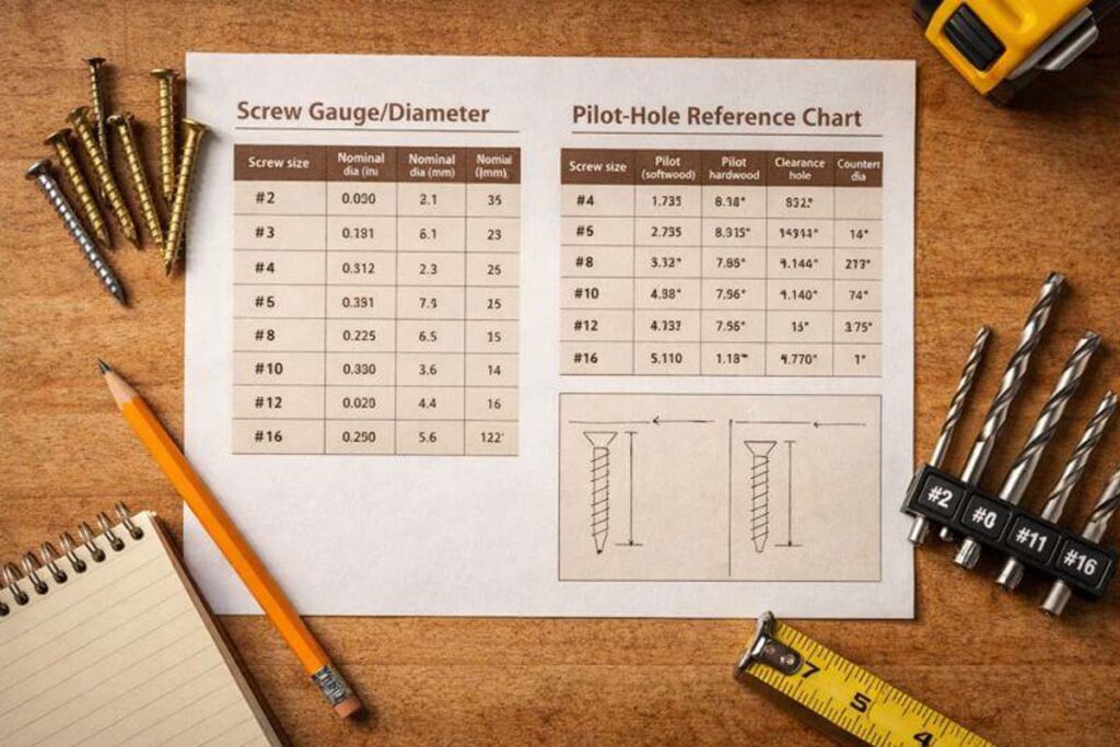 printed screw chart with drill bits and screws