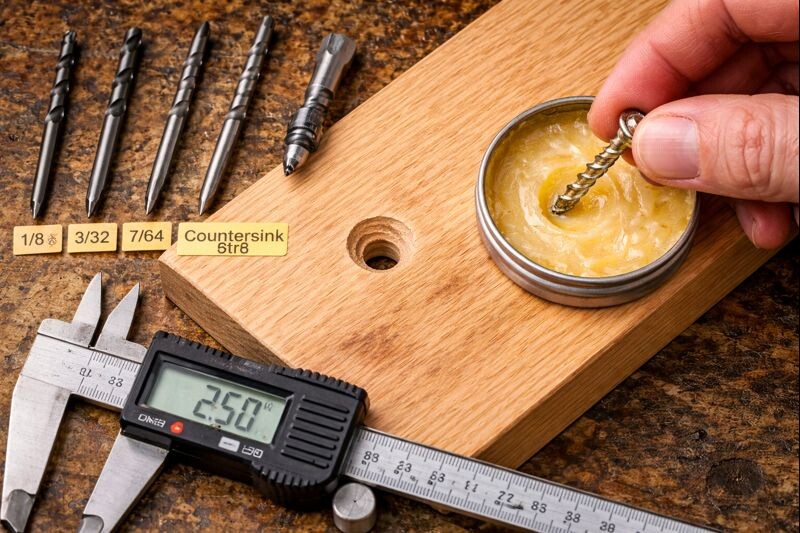 pilot hole sizing and waxed screw for hardwood