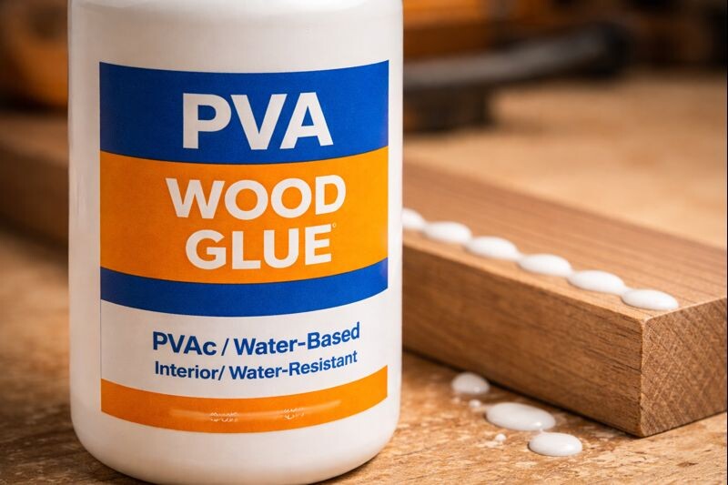 close view of wood glue label showing pvac and water based