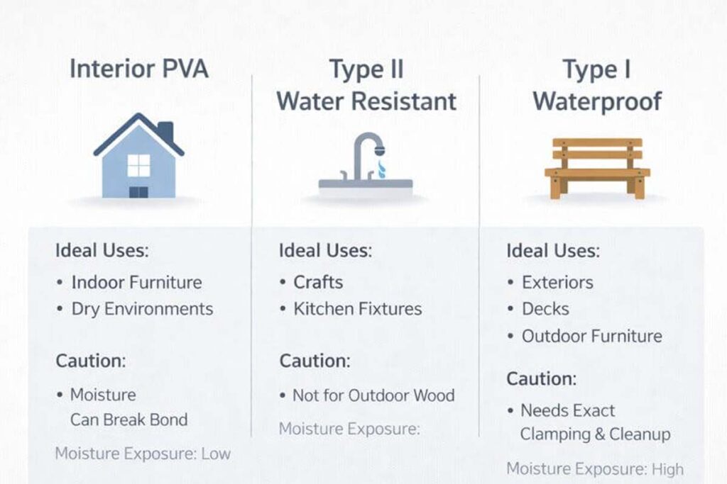 chart showing indoor and water resistant glue use cases