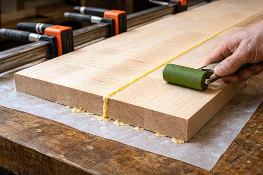 spreading PVA glue for an edge glued tabletop panel