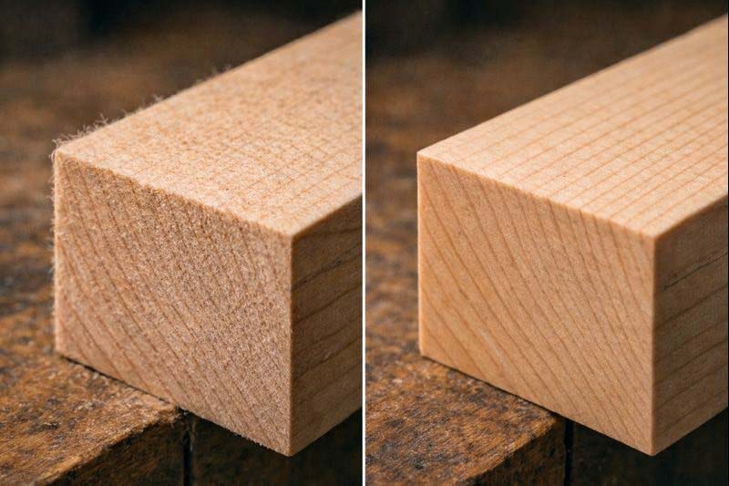 end grain fuzz shown before and after raising grain and sanding