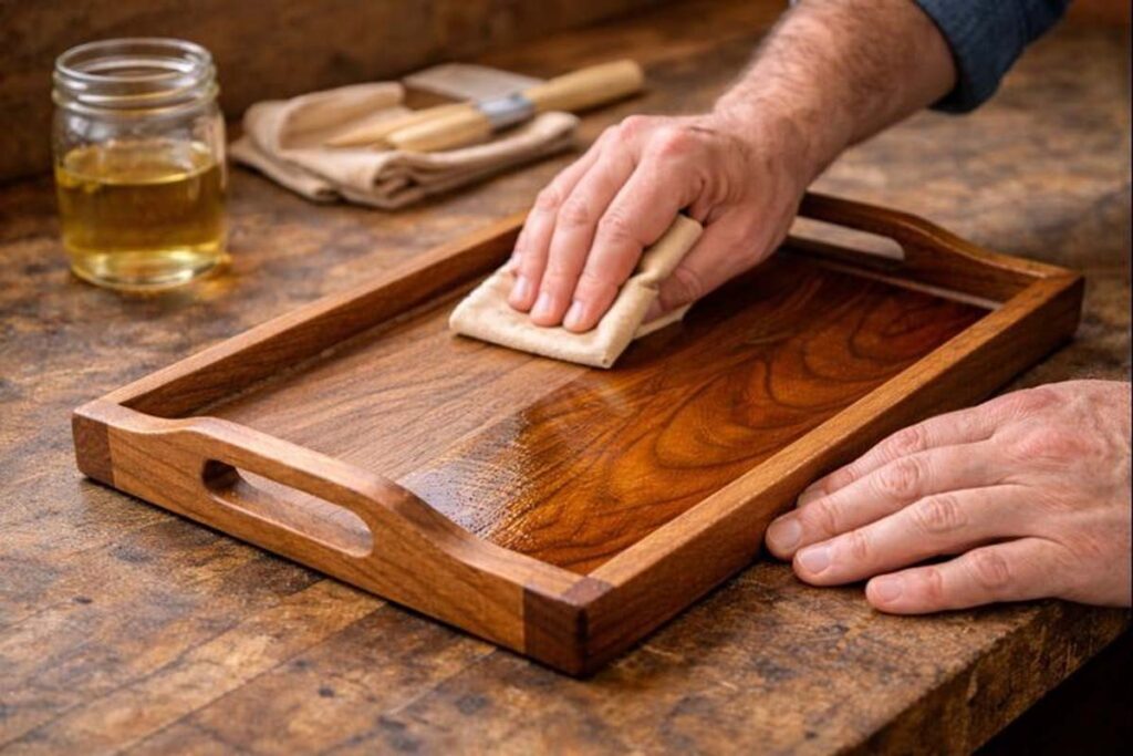 hand reapplying finish on old wooden tray