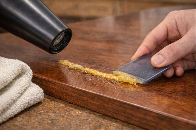 hair dryer and plastic scraper lifting glue on finished wood