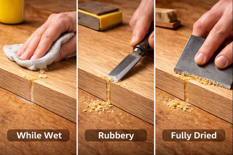 cleaning glue squeeze out with cloth chisel and scraper