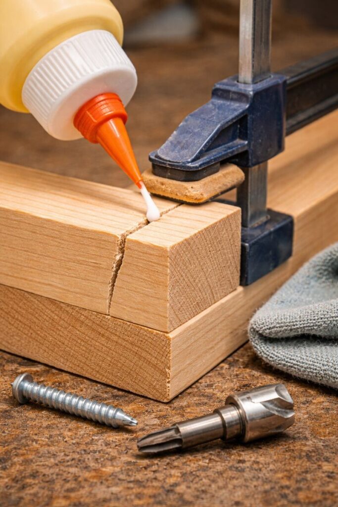 wood glue and clamp repairing a hairline split