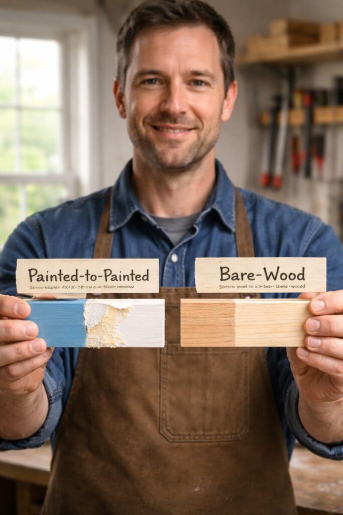 woodworker holding failed painted joint and strong bare wood joint