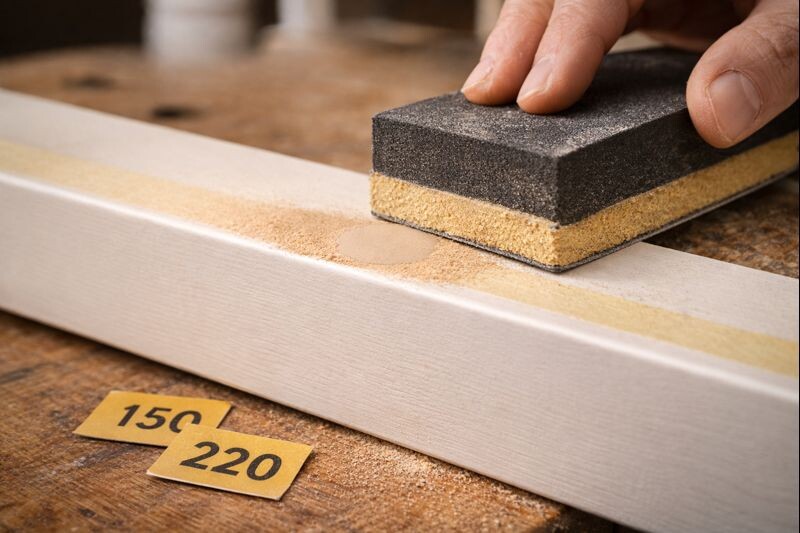 Sanding block leveling a cured filler patch over a screw head on a tray stand edge, keeping the surface flat.