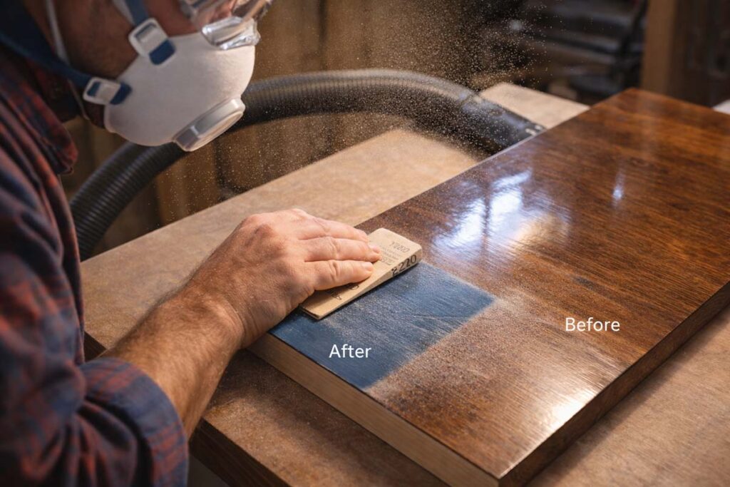 woodworker scuff sanding glossy board to help paint grip