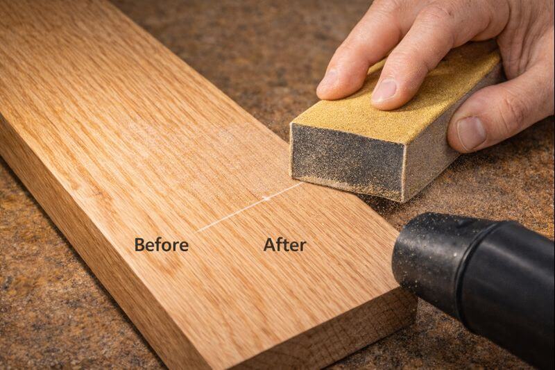 sanding block removing glue haze on bare oak