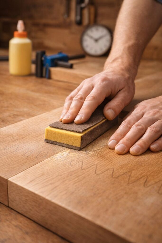 woodworking hands sanding a glued tabletop panel