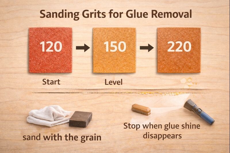 sanding grit progression for removing glue residue before staining