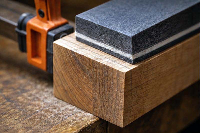 sanding block kept flat to protect sharp end grain corners