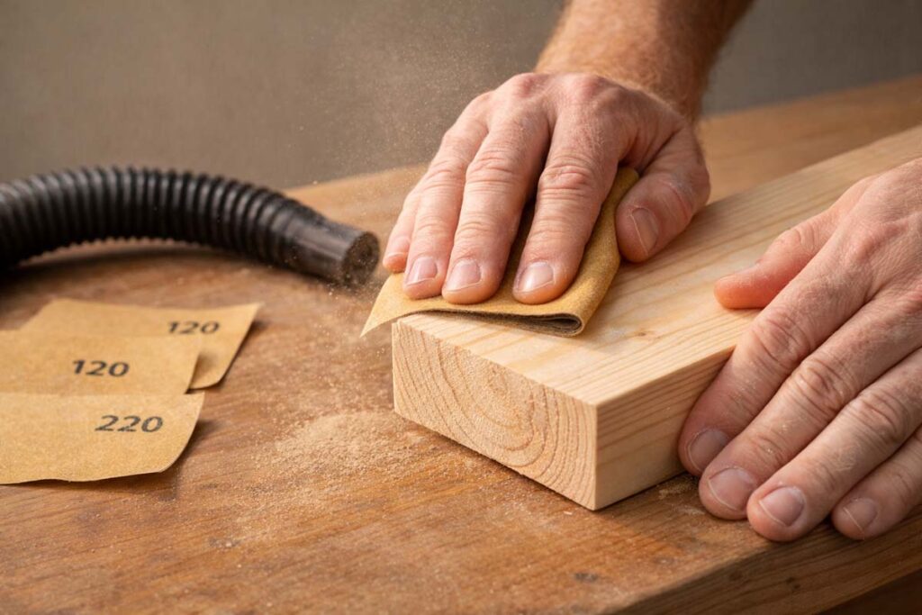 hands sanding wood and rounding edges for paint prep