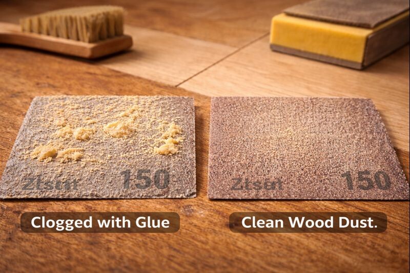 sandpaper showing clogged grit versus clean sanding dust