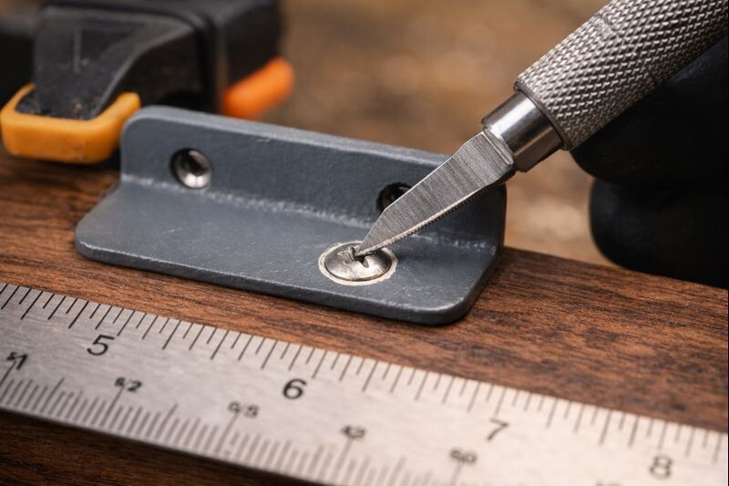 knife scoring finish around screw head to prevent chipping